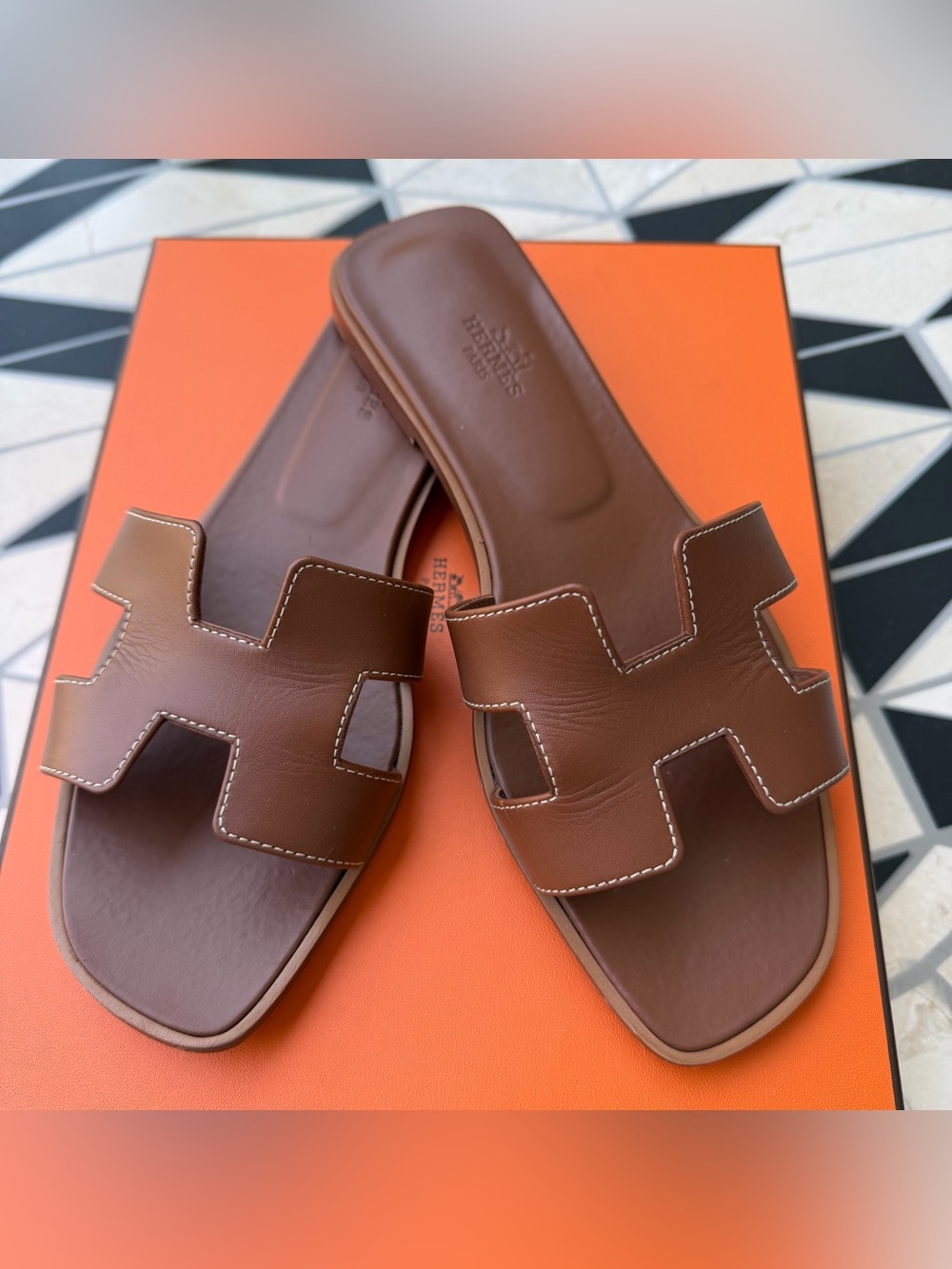 Hermes Brown Leather Oran Slide Sandals
